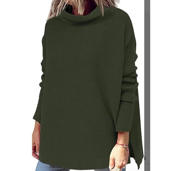 Lilusory Women’s Mock Neck Pullover Sweater Green Side Slits Classic Career - Picture 1 of 11